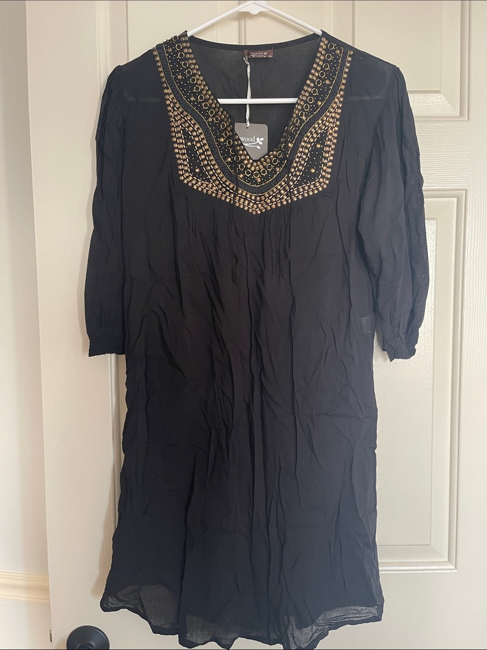 Figwood Black Sheer Gauzy Cover Up with Decorative Bronze Beading and tie Sz S/M